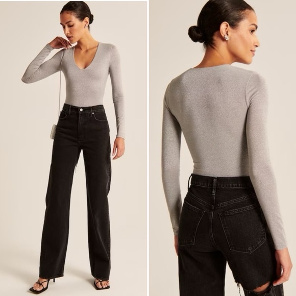 ABERCROMBIE & FITCH Women’s Long Sleeve Sparkle V Neck Bodysuit Gray Shimmer S‎ - Picture 2 of 15